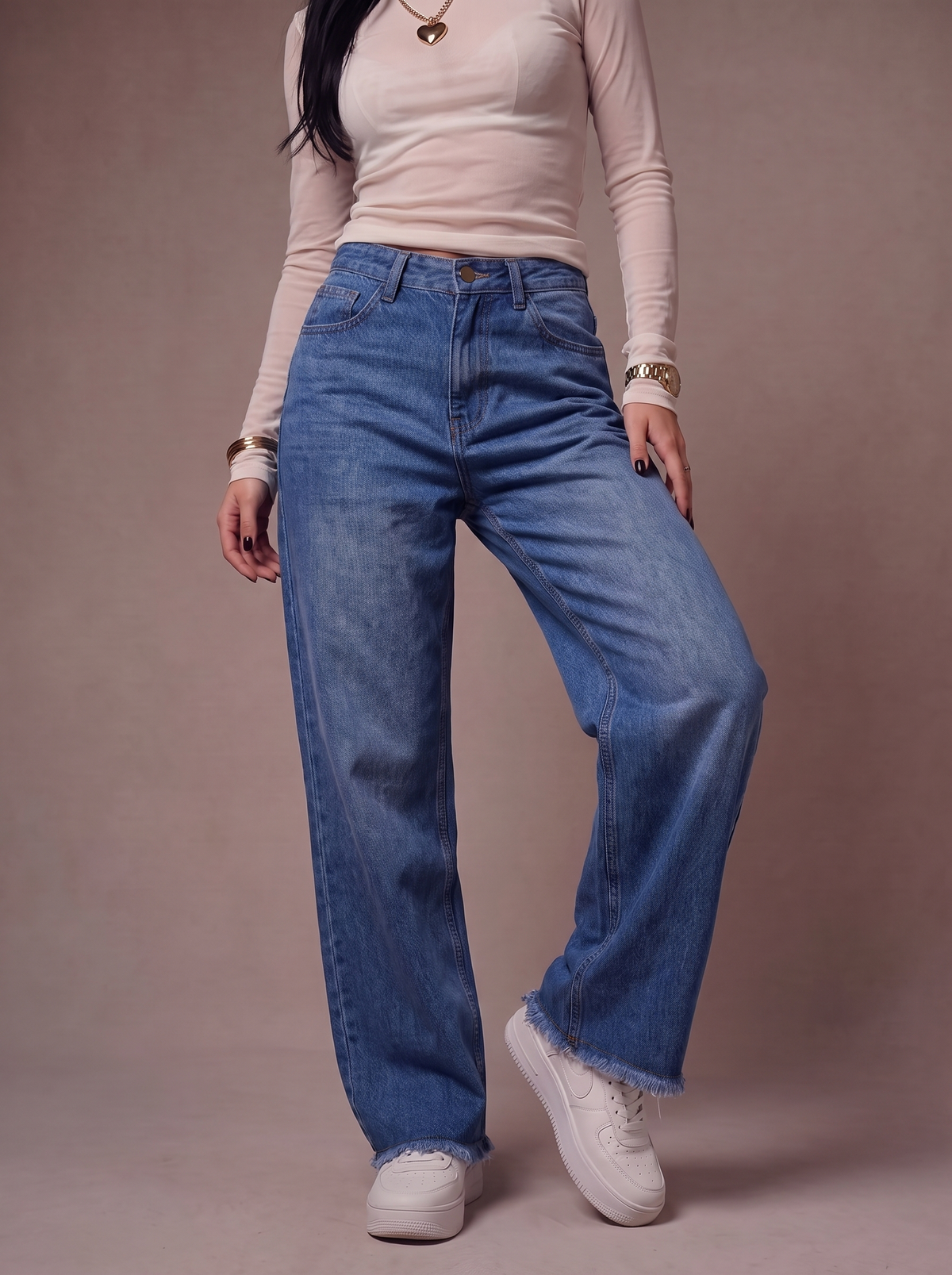 The Wide Raw — editorial full body, warm studio backdrop