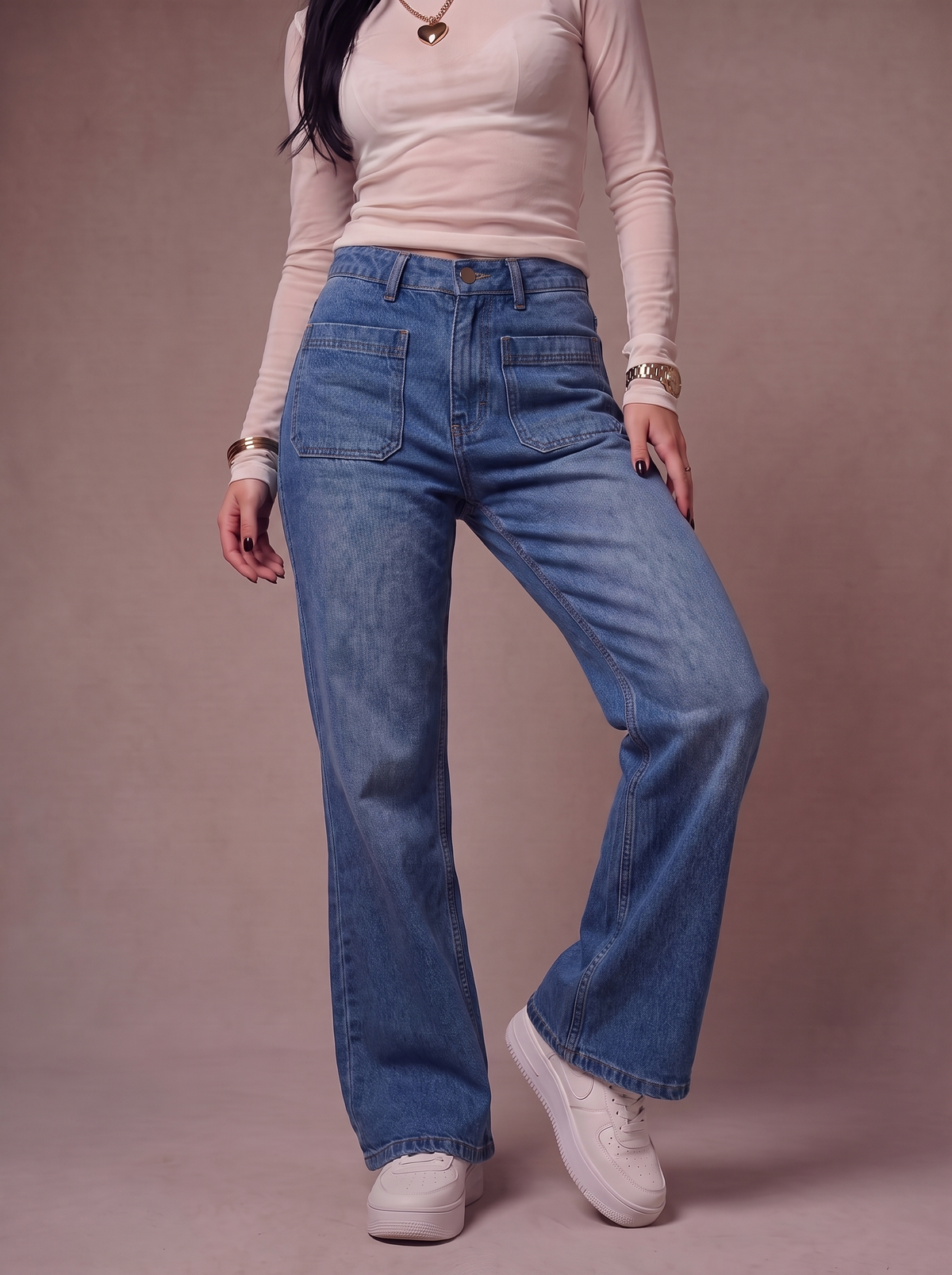 The Patch Flare — editorial full body, warm studio backdrop