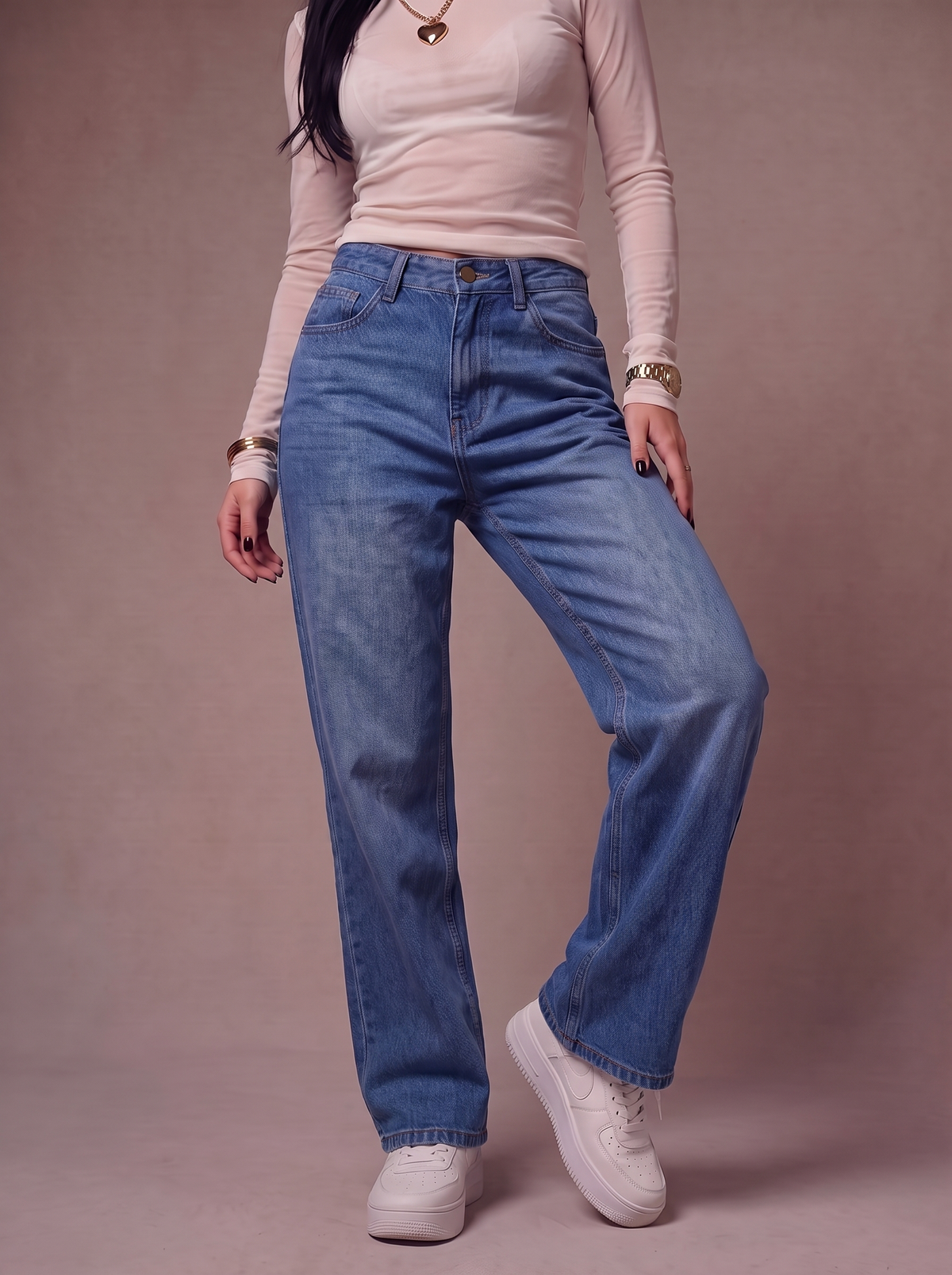 The Classic Straight — editorial full body, warm studio backdrop