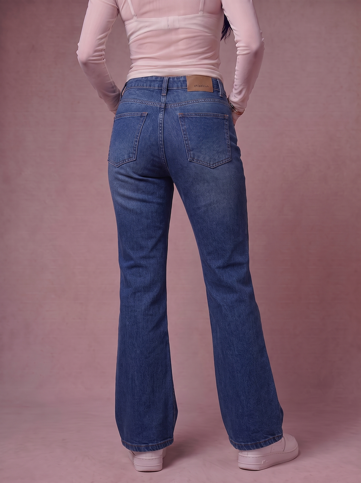 The Patch Flare — close-up detail, vintage indigo wash