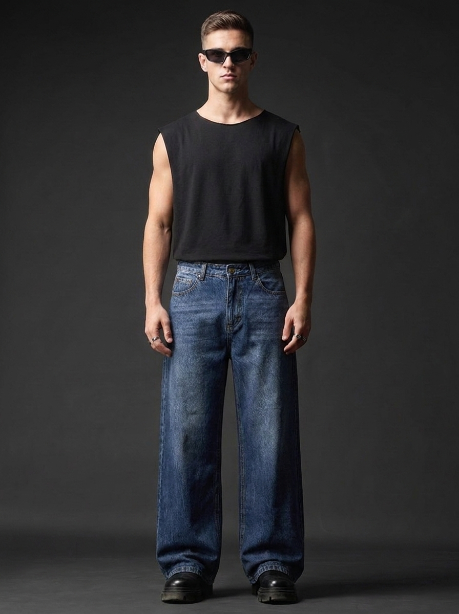 The Classic Indigo Wide — editorial full body, dark studio backdrop