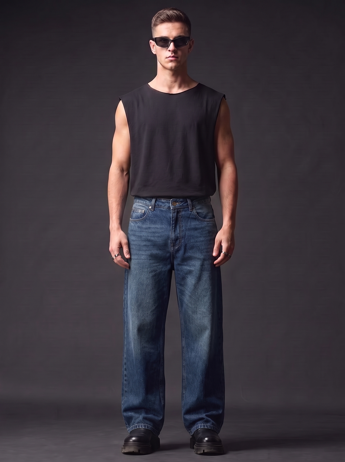 The Vintage Indigo Straight — editorial full body, dark studio backdrop