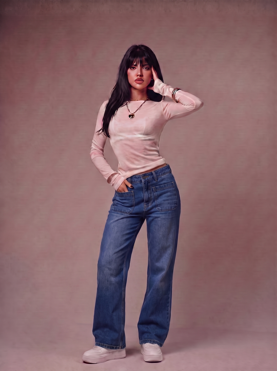 The Patch Flare — front view, full body, vintage indigo wash