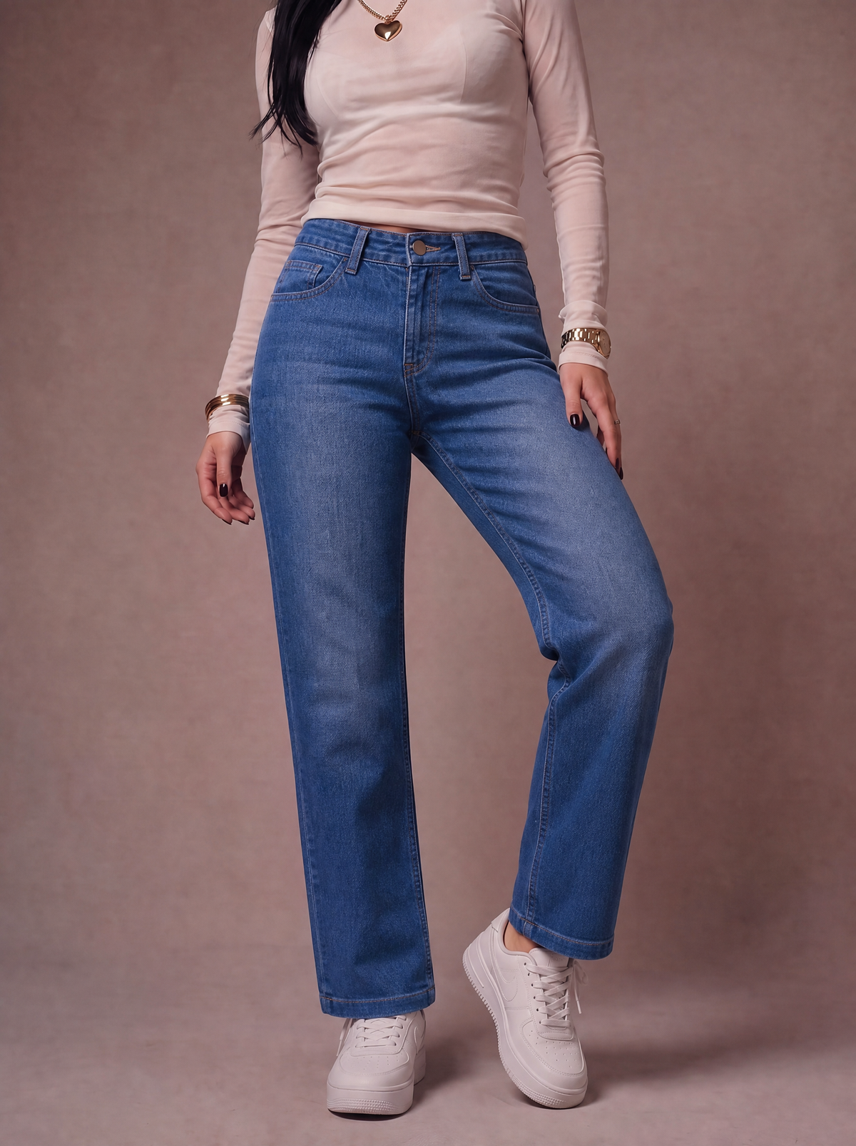 The Classic Straight — editorial full body, warm studio backdrop