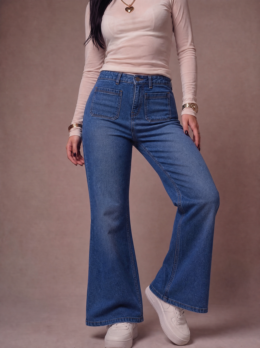 The Patch Flare — editorial full body, warm studio backdrop