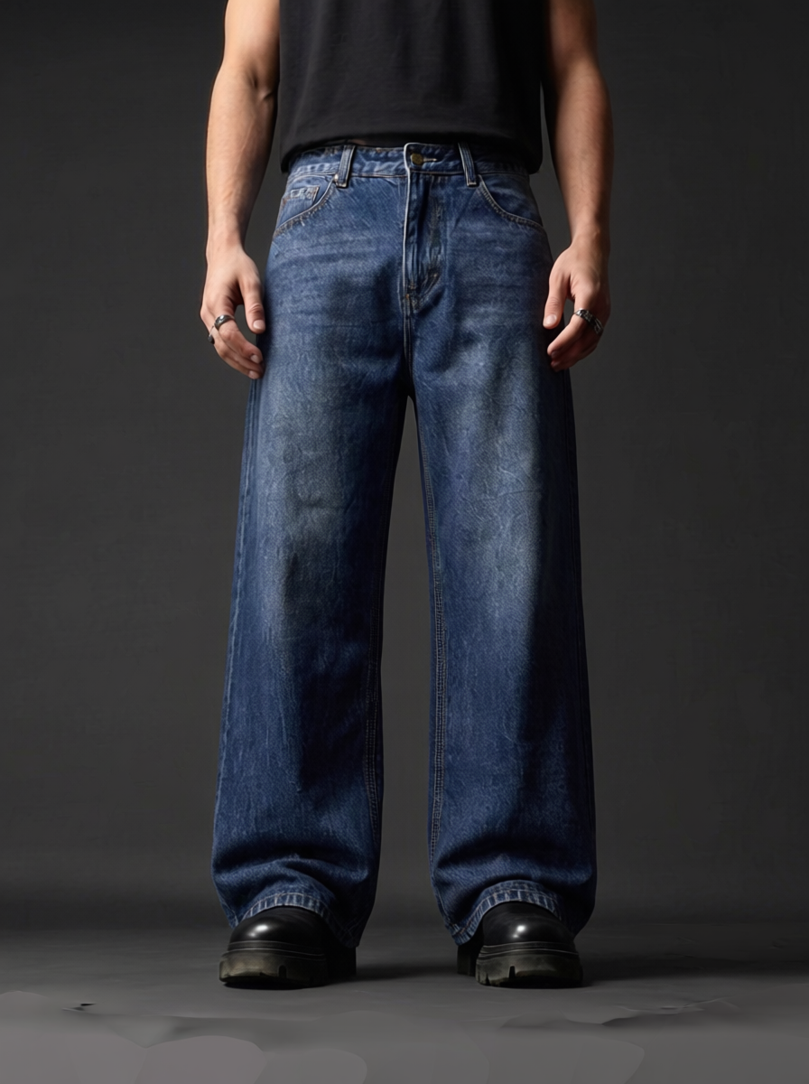 The Classic Indigo Wide — front view, mid-indigo wide-leg men's jeans