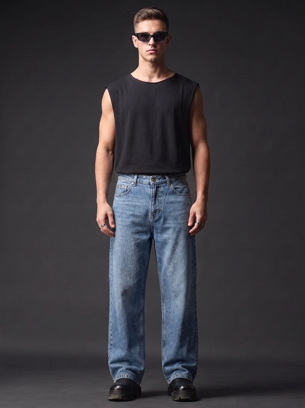 The Light Wash Wide — editorial full body, dark studio backdrop