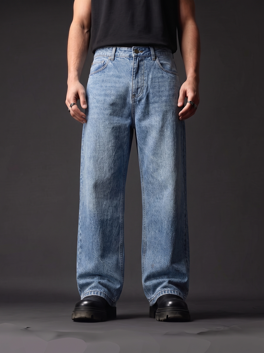 The Light Wash Wide — front view, waist to feet, light-wash wide-leg men's jeans