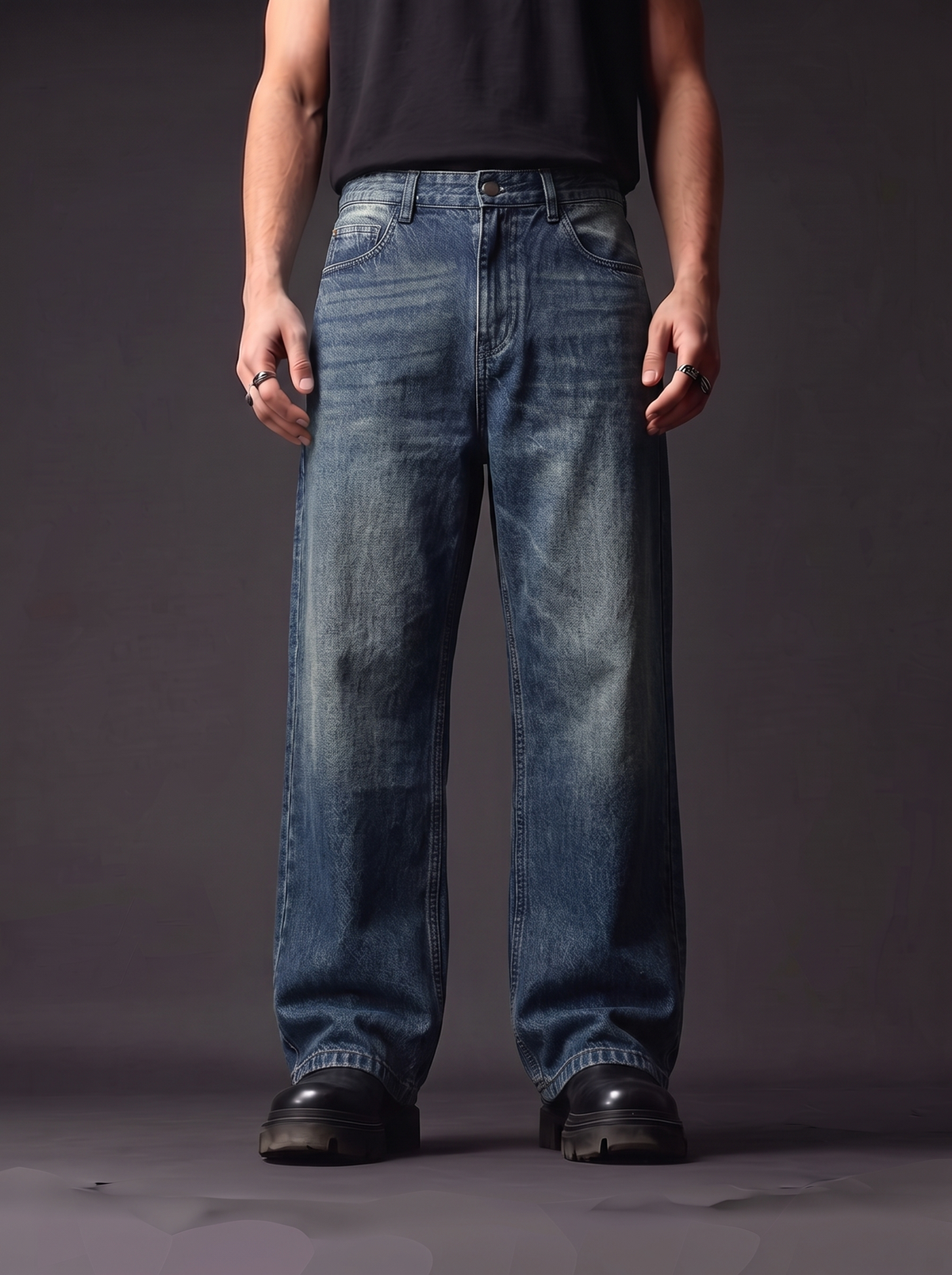 The Vintage Indigo Straight — front view, dark indigo wash jeans