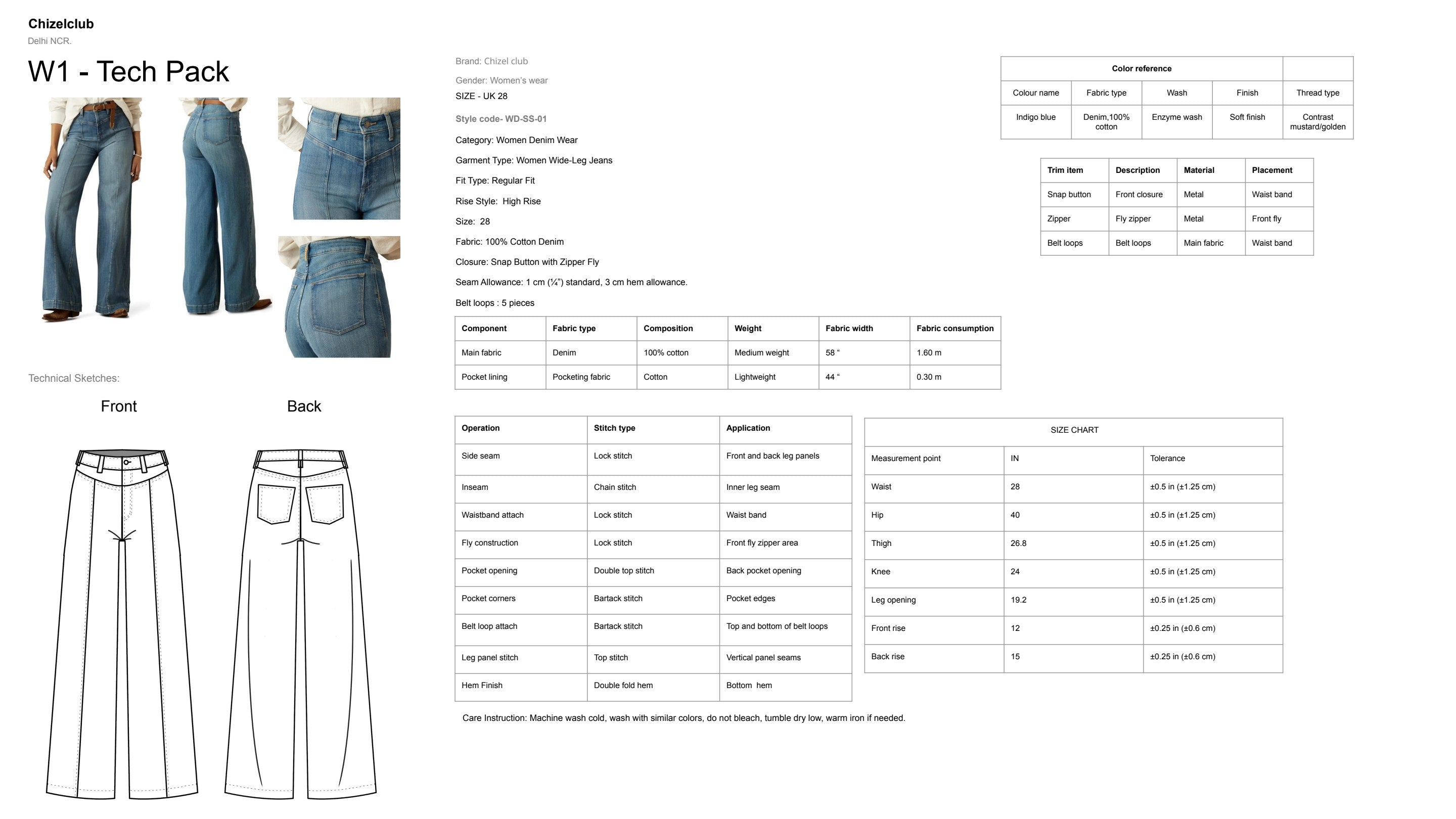 W1 Tech Pack — Wide-Leg High Rise: reference photos, fabric specs, stitch operations, size chart, and technical sketches