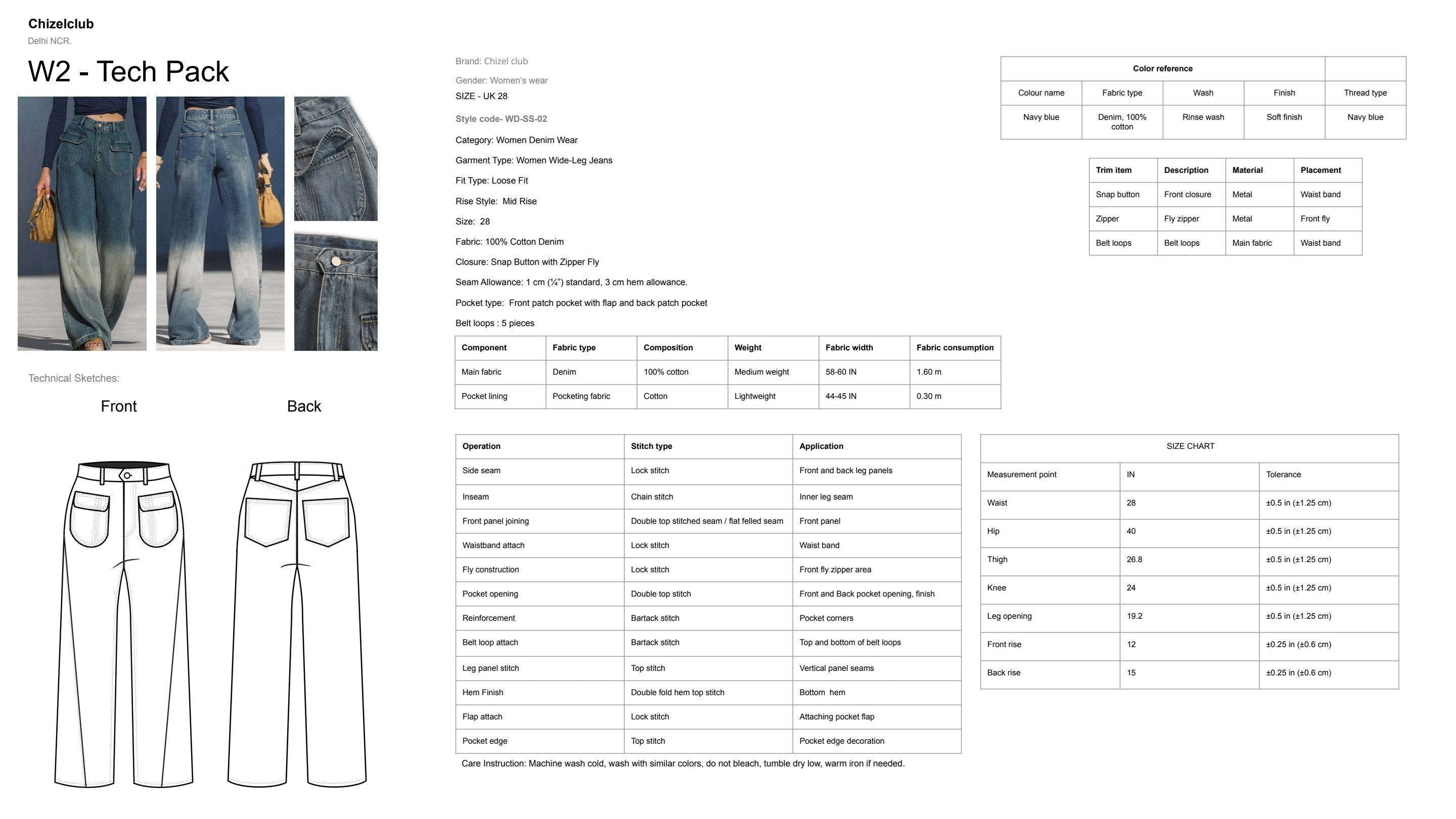 W2 Tech Pack — Wide-Leg Patch Pocket: reference photos, specs, stitch chart, size chart, and flat sketches