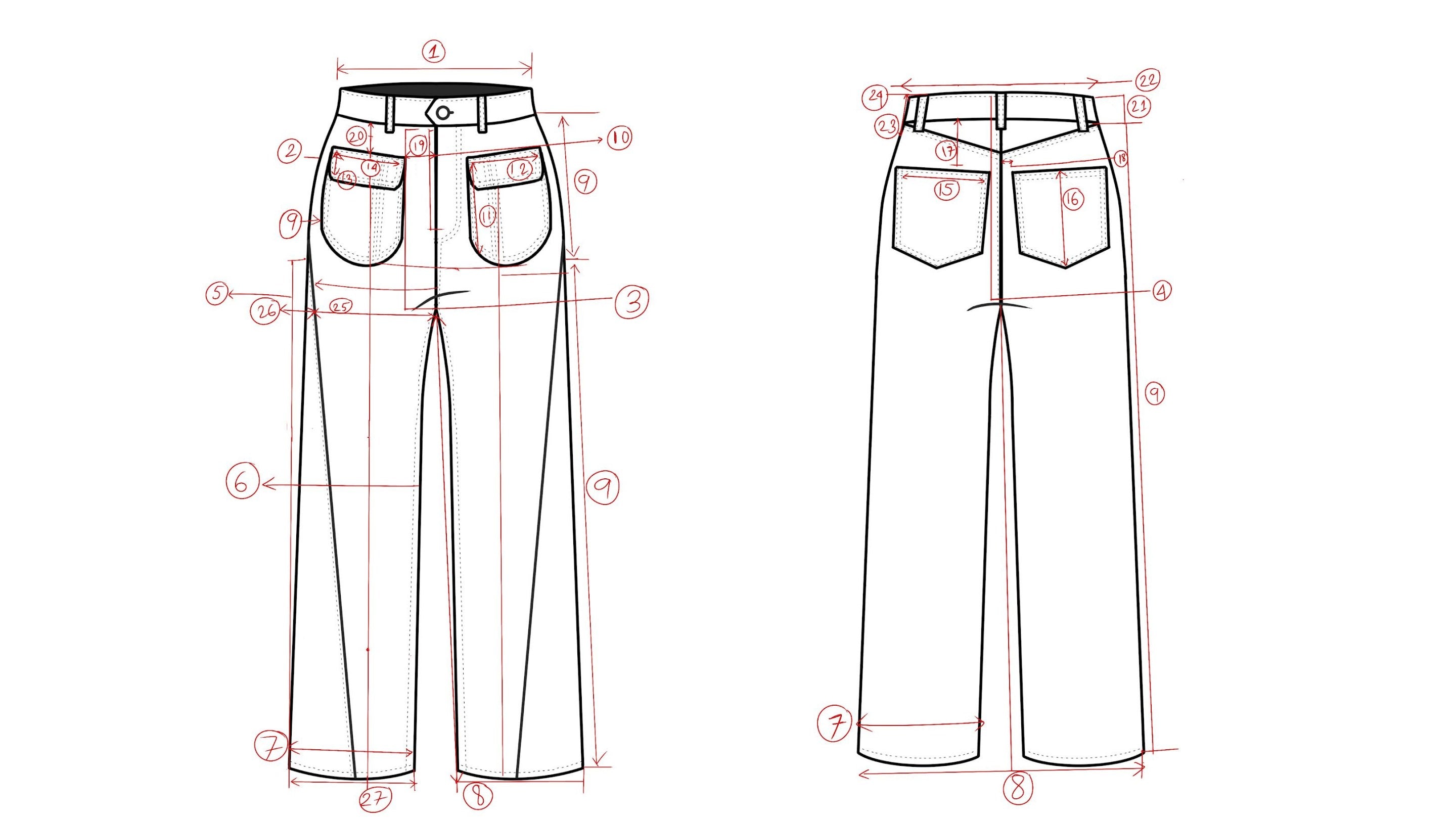 W2 measurement specification drawing — 27 callout points on front and back technical flat