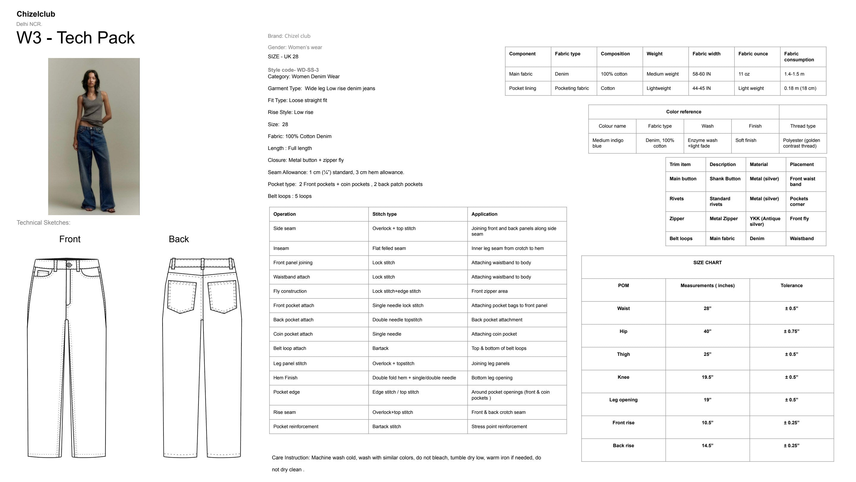 W3 Tech Pack — Wide Leg Low Rise: model reference, fabric specs, color reference, trim details