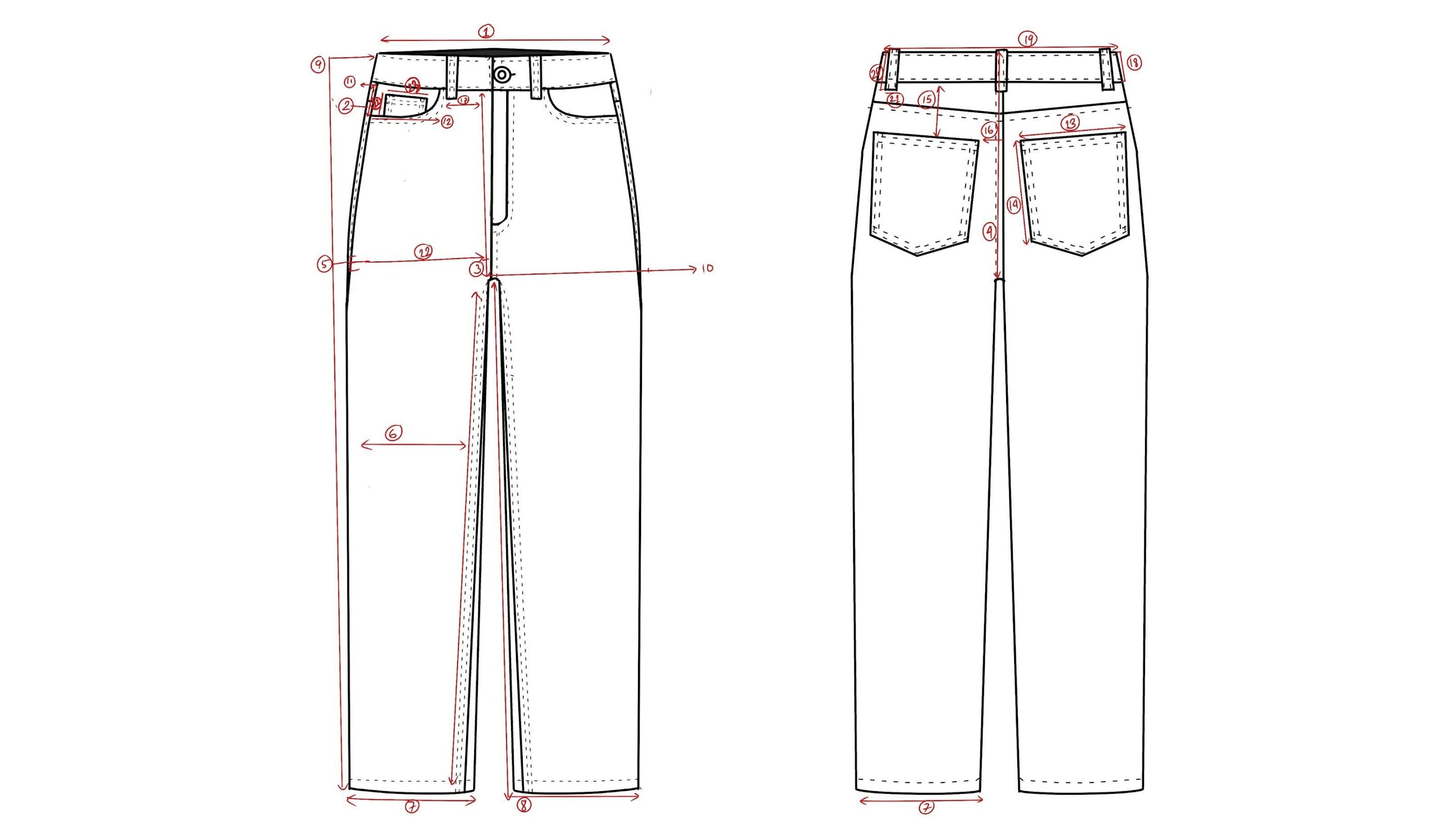 W3 technical flat sketch — wide leg low rise front and back with measurement callouts