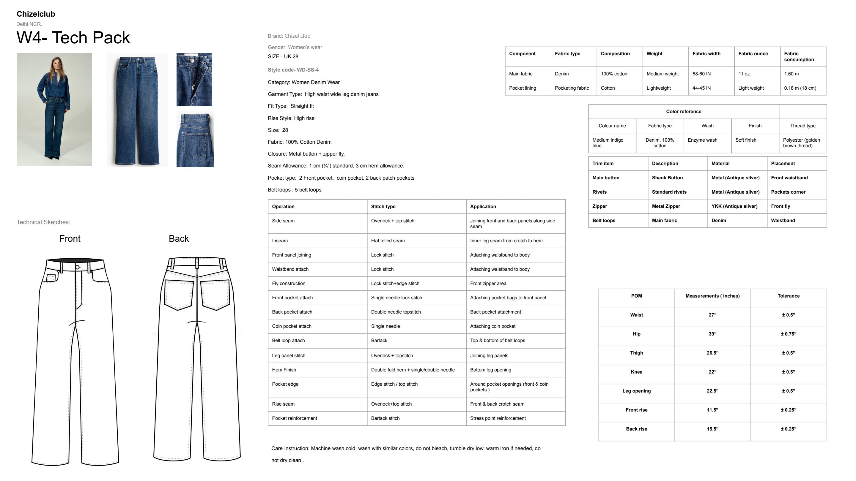 W4 Tech Pack — High Waist Wide Leg: reference photos, specs, stitch operations, trim details