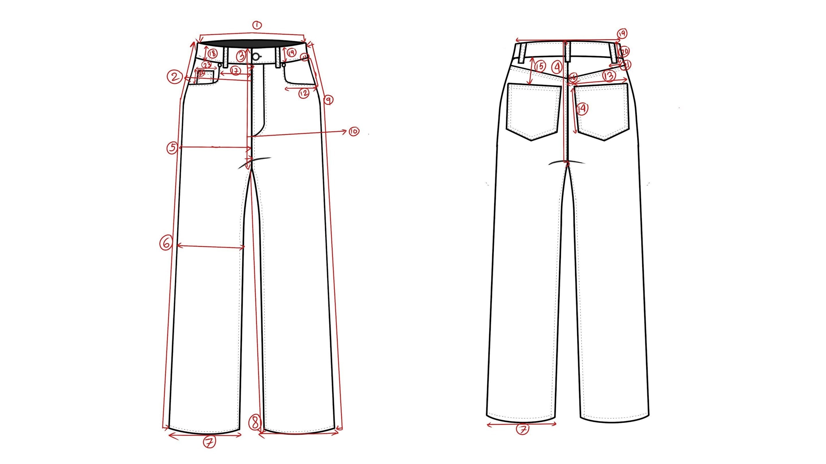 W4 technical flat sketch — high waist wide leg front and back with measurement callouts