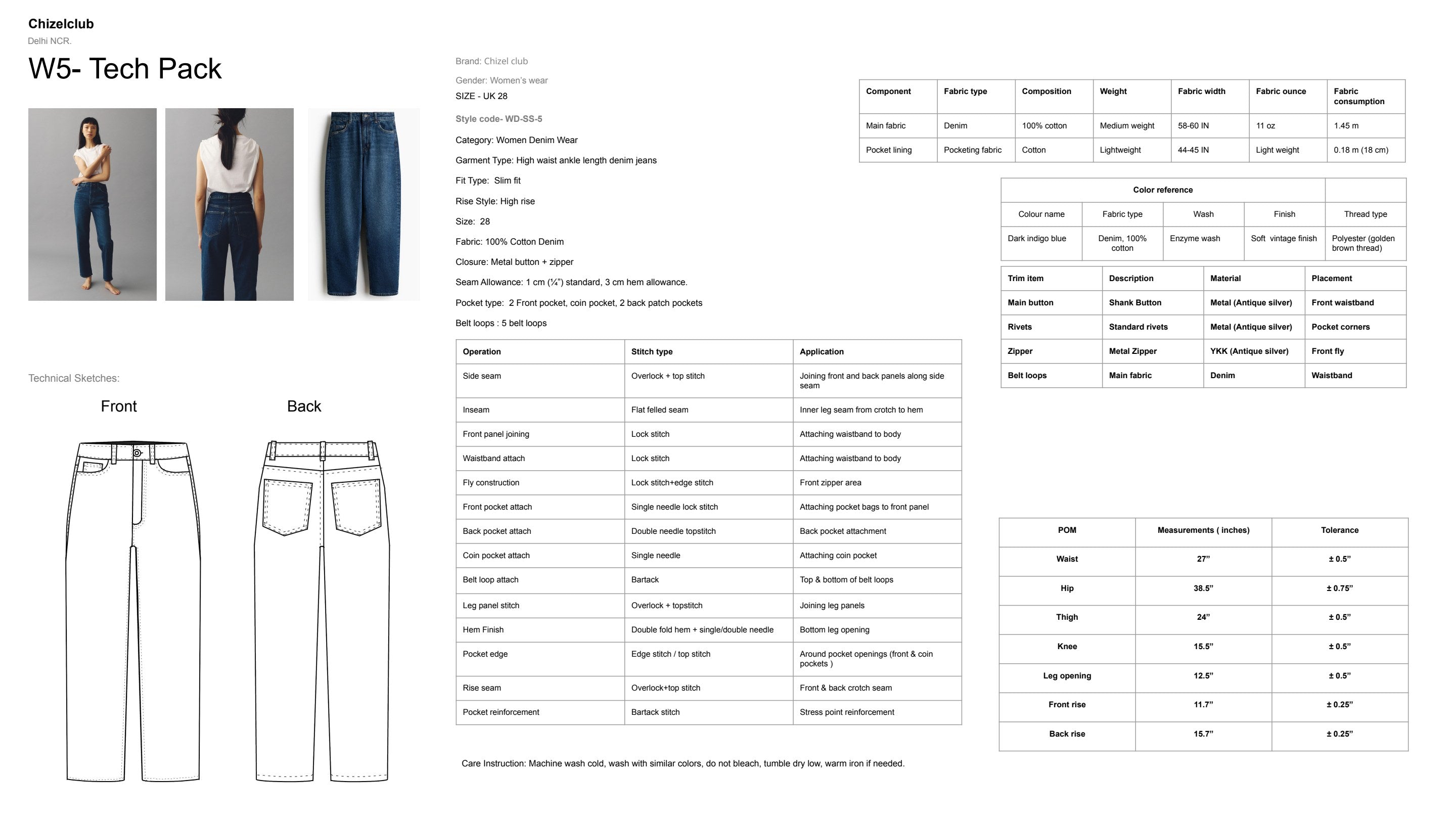 W5 Tech Pack — High Waist Ankle Length Slim: reference photos, specs, color reference, size chart