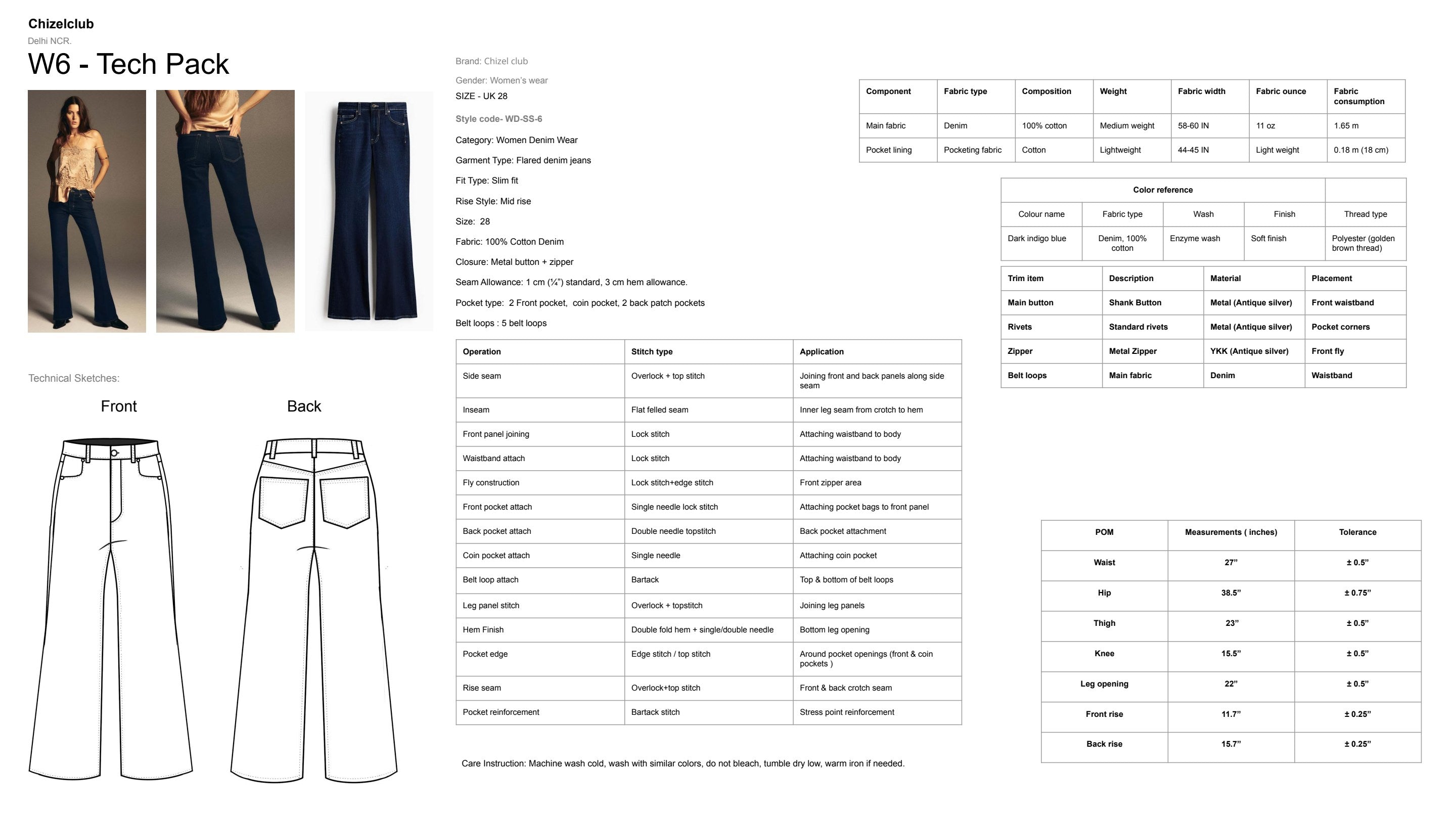W6 Tech Pack — Flared Denim: reference photos, specs, stitch operations, trim details