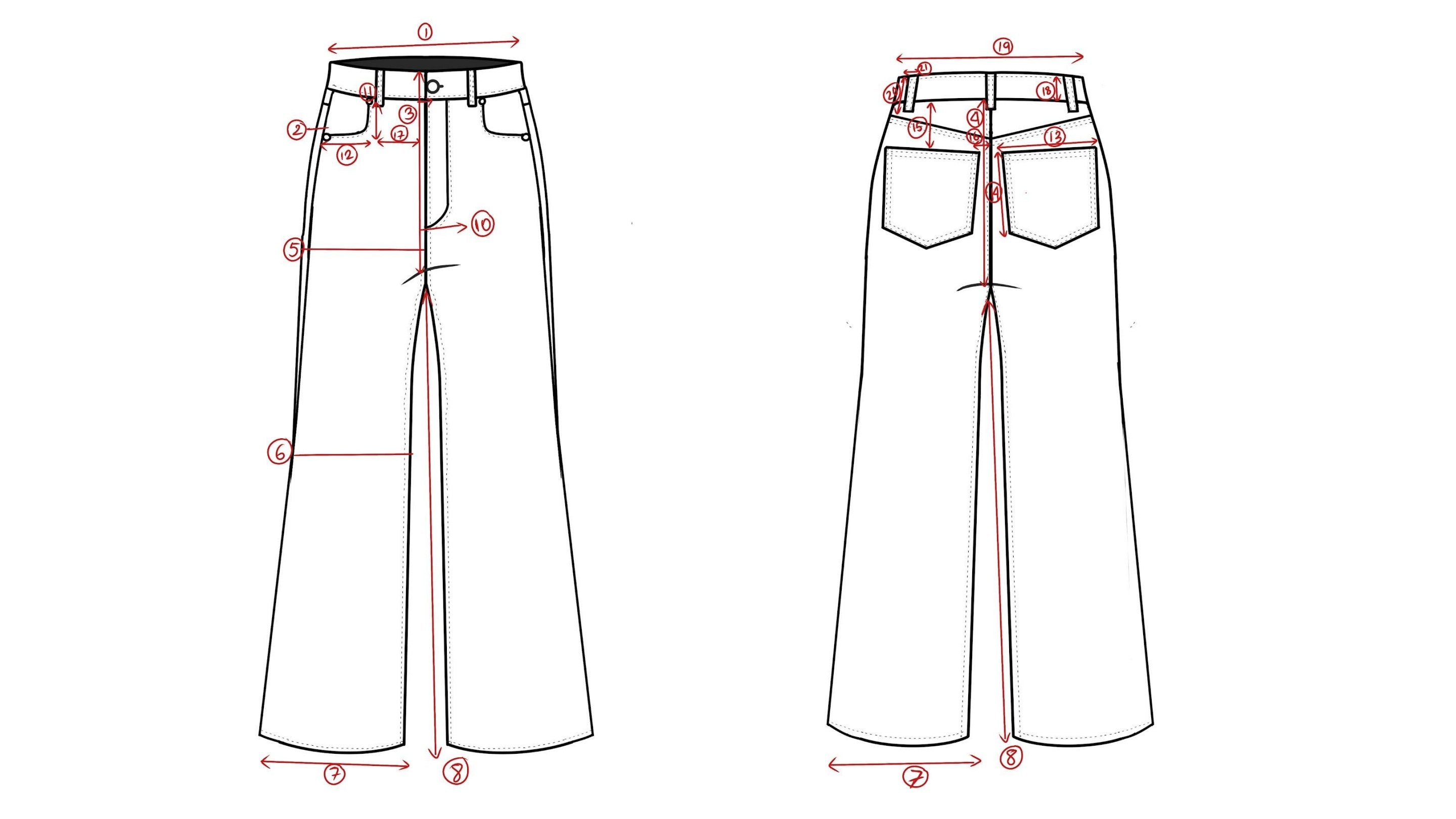 W6 technical flat sketch — flare denim front and back with measurement callouts